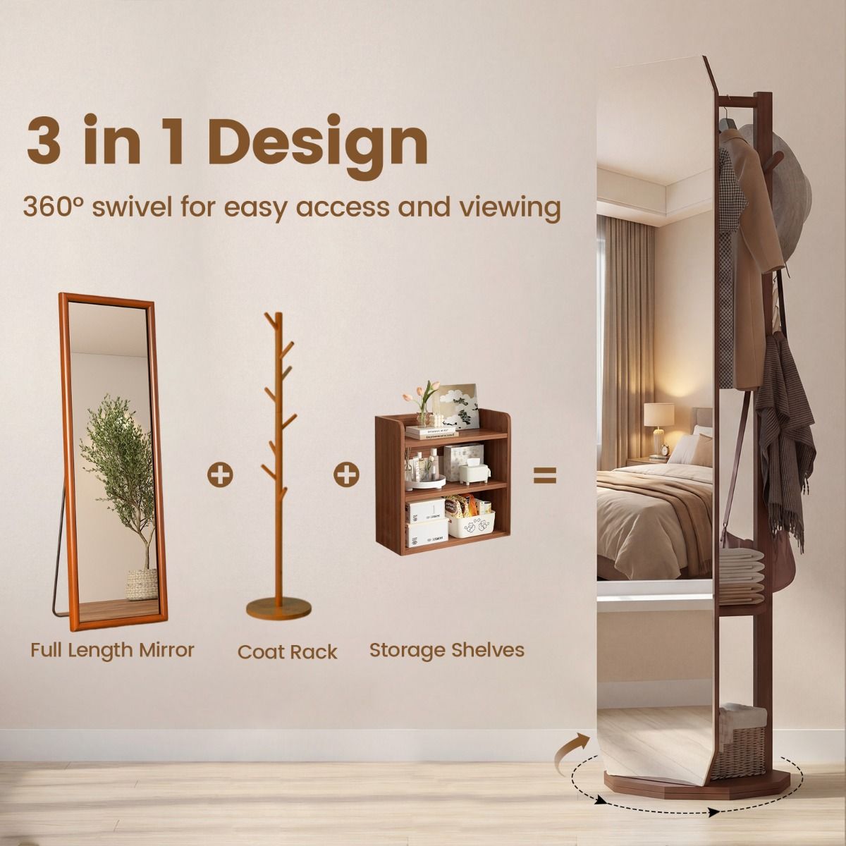 Coast Volledige Lichaamsspiegel met Standaard - 3-in-1 Garderobe - 360° Draaibaar - Walnoot