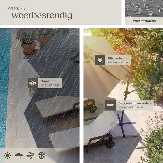 tectake® Zweefparasol met Voet - 3,5 x 3,5 m - Tuinparasol met LED-Verlichting op Zonne-Energie - Draaibaar - Waterafstotend Polyester met UV-Bescherming - Inclusief Hoes - Grijs