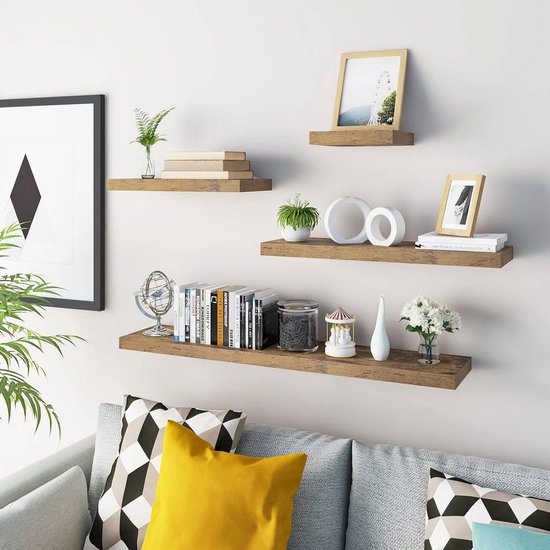 WOLTU Wandplank Vintage Bruin – 25 x 23 x 3,8 cm – Zwevende Houten Plank voor Boeken en Decoratie