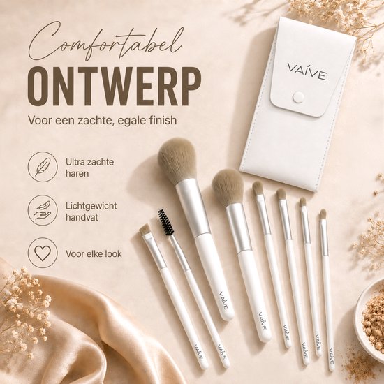 Vaive Make Up Borstels Set 9-Delig - Vegan Kwasten - Foundation, Oogschaduw, Blush, Kabuki & Bronzer Kwast - met Etui - Wit