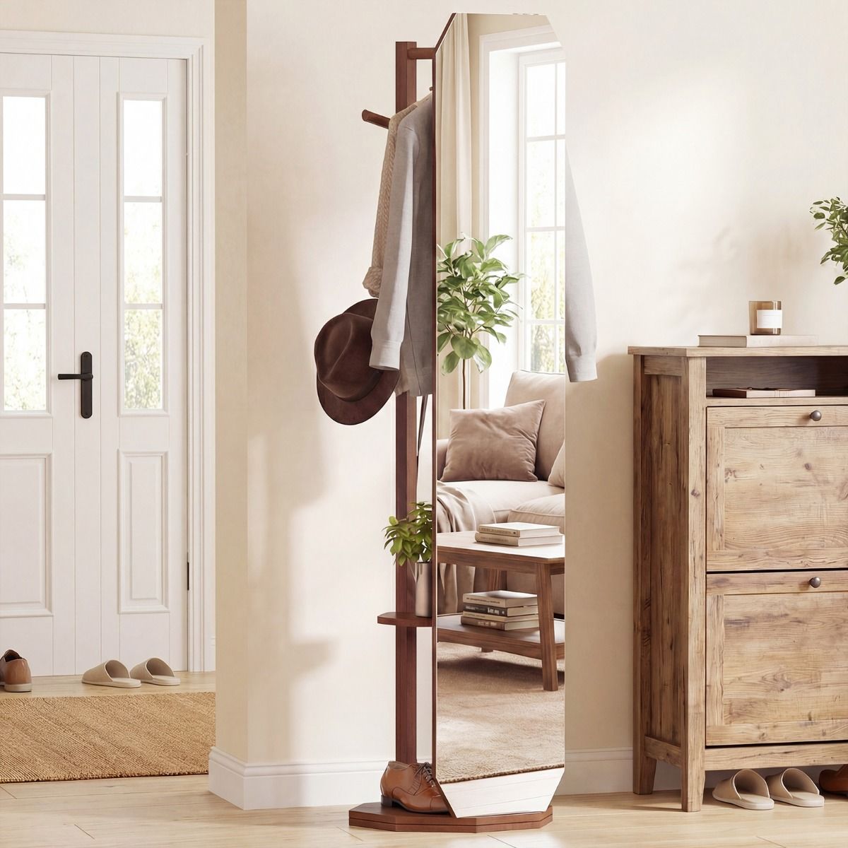 Coast Volledige Lichaamsspiegel met Standaard - 3-in-1 Garderobe - 360° Draaibaar - Walnoot