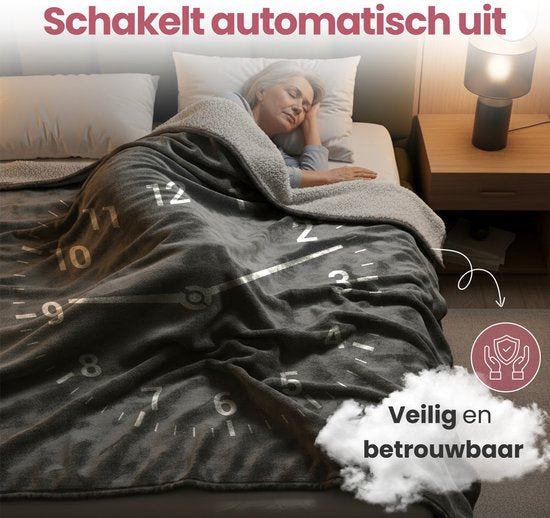 STAUS&BACH Elektrische deken 3XL - 2 persoons bovendeken - Dubbelzijdig Fleece Sherpa Warmtedeken - Antraciet grijs - 180x160 cm PowerNap