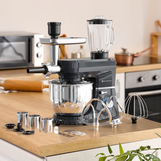 KitchenBrothers Keukenrobot - 6-in-1 Keukenrobot - 1500W - Met Gehaktmolen, Blender en 15 Accessoires - 6,2L RVS Kom - Antraciet