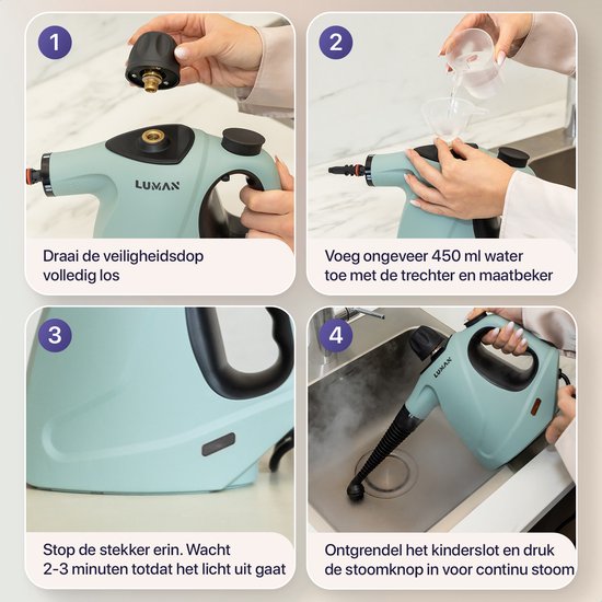 LUMAN 16 in 1 Stoomreiniger C3 - Stoomvergrendelingsfunctie - Handstoomreiniger - Handstomer - Vlekkenreiniger - Tapijtreiniger - Incl. Opbergtas en 16 Opzetstukken - 1050 Watt - 450 ML - Groen