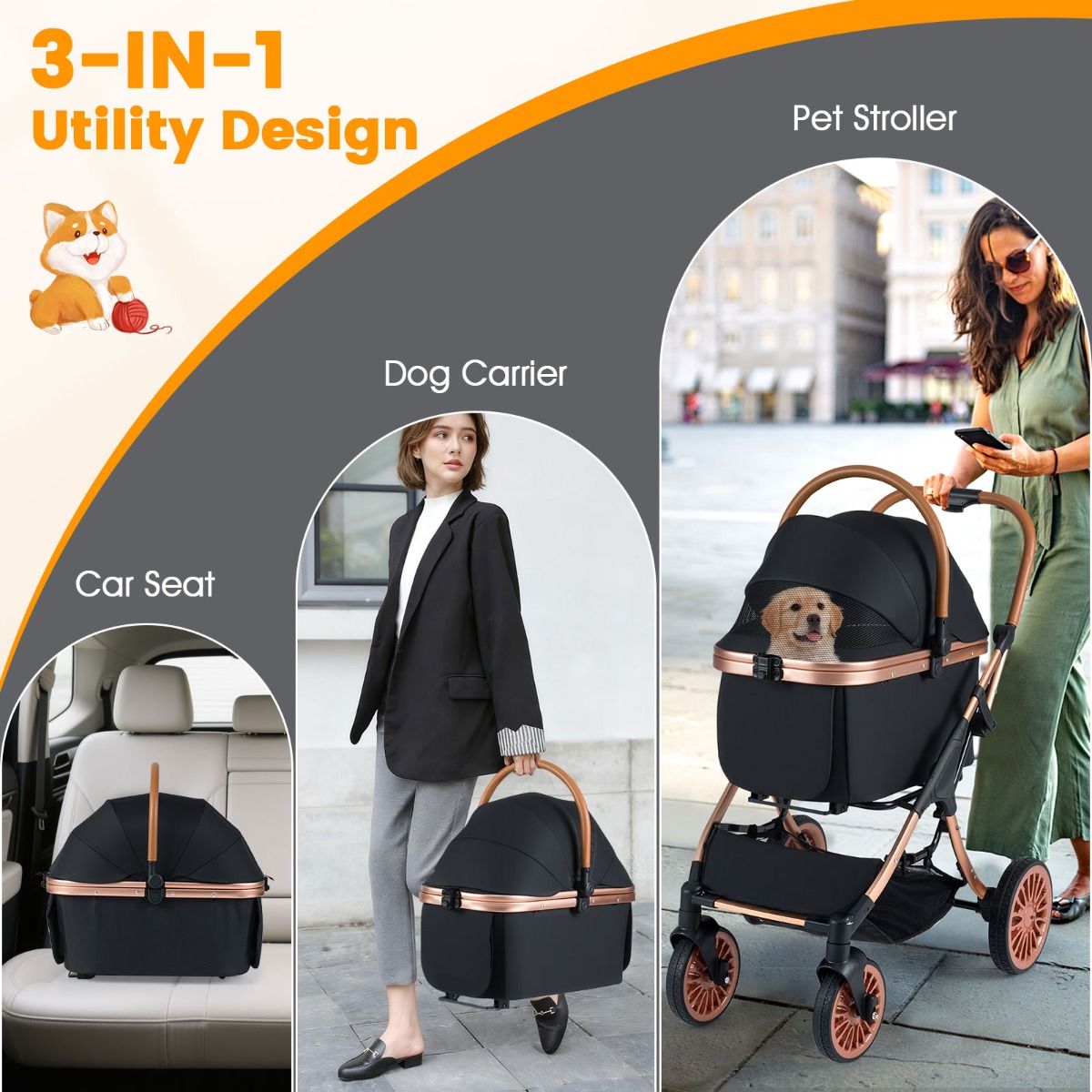 Coast Huisdierenbuggy 3-in-1 - Opvouwbaar - Afneembare mand - Zwart 89 x 61 x 101 cm