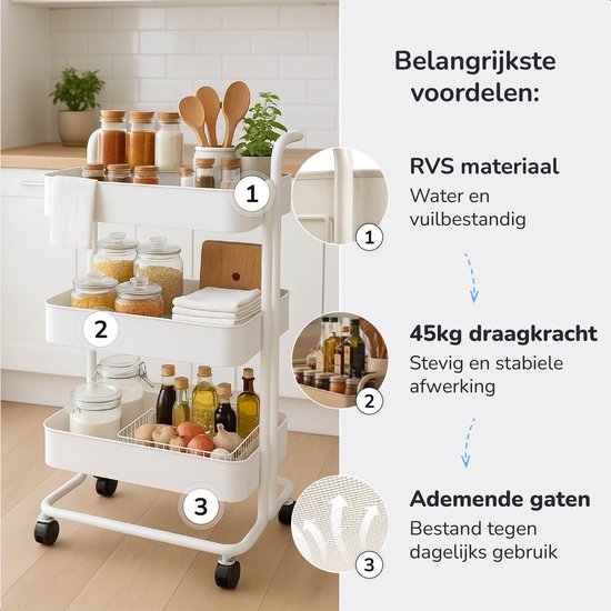 Keuken trolley op Wieltjes - 3 laags - Keukenrek - Serveerwagen - Kastje - Karretje - Opberg - Douche kastjes staand - Rekje - Wit - Luft
