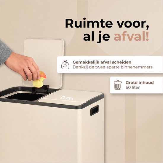 O'DADDY® Prullenbak – Afvalbak - Prullenbak 60 liter - Pedaalemmer – Vuilnisbak - Prullenbak 2 vakken - Prullenbak afvalscheiding – Afvalbak afvalscheiding - 2 Binnen emmers - Soft-Close - Inclusief 15 Afvalzakken - Beige