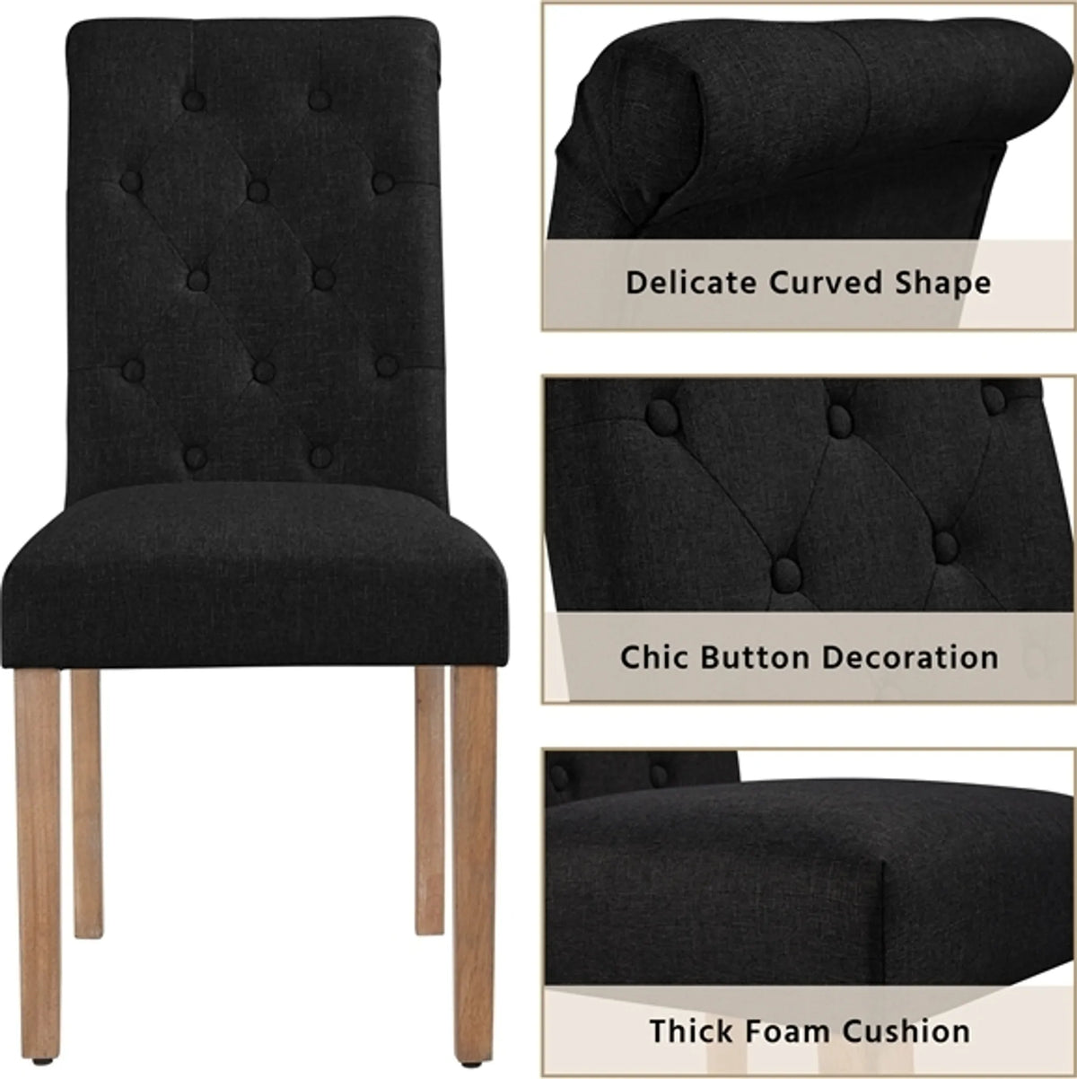 Yaheetech Eetkamerstoel Met Hoge Rugleuning 2 Stuks – Voorzien Van Gecapitonneerde Rug En Massief Eikenhouten Poten En Verstelbare Beschermpoten – Voor Keuken En Restaurant – Zwart Polyester En Eikenhout – 45,5 x 62 x 98,5 cm