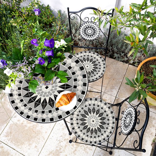 AXI Amélie Bistro Stoelen – Inklapbaar – Zwart/wit – Metalen inklapbare tuinstoelen – Hoge rugleuning – Set van 2 stuks – Mozaïeklook – Ingelegd met keramische tegels – 150 kg draagkracht – Tuin, terras of balkon