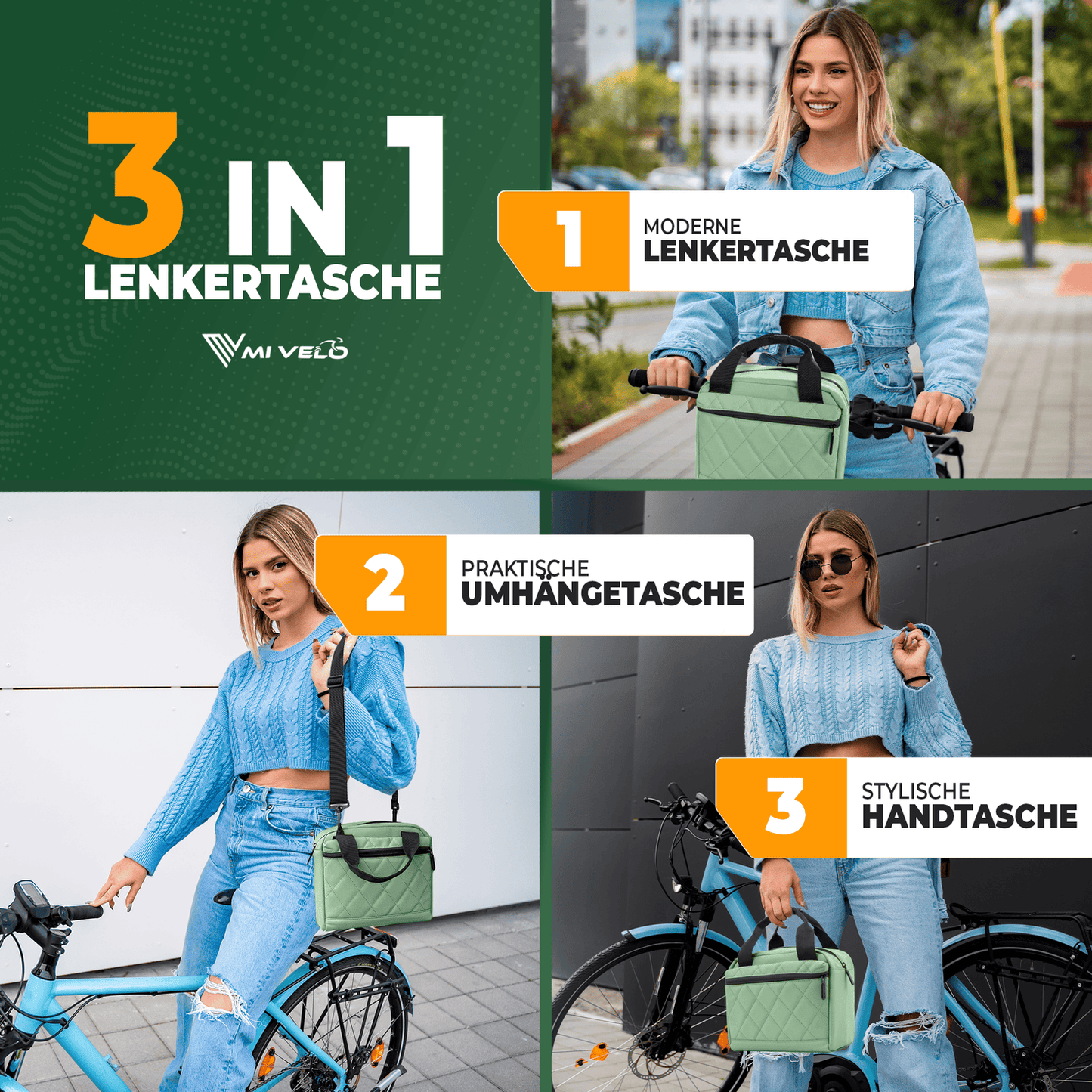 MIVELO – 3-in-1 Stuurfietstas – Waterafstotend – Met Schouderriem – 7L – Mint
