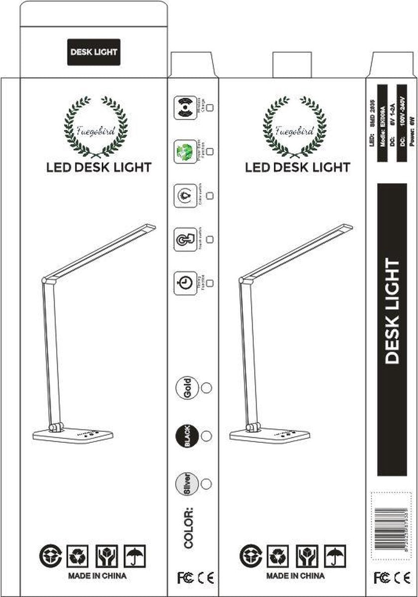 Fuegobird EK009 LED Bureaulamp - Draadloos Oplaadfunctie - Kantelbaar - Zwart
