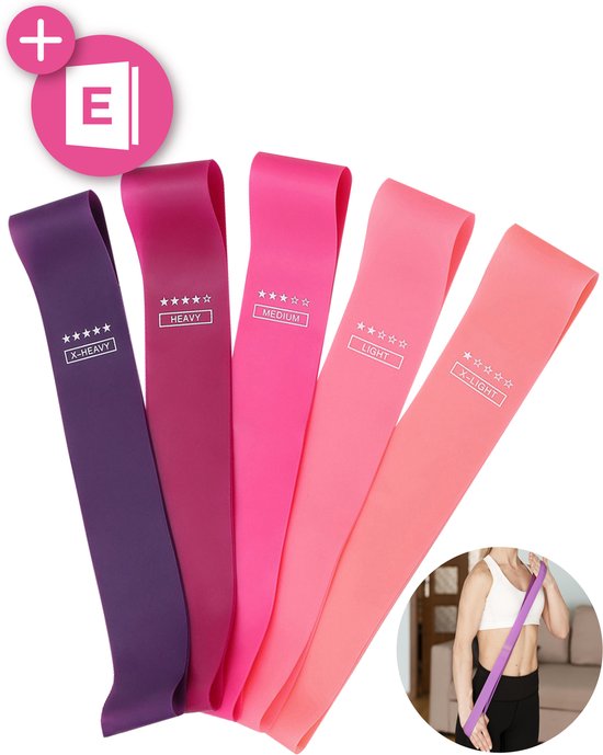 Nuvance - Weerstandsbanden Set Incl. Draagtas - 5 Delige Set - Resistance Band - Fitness Elastiek - Incl. eBook - Roze