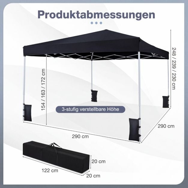 Coast Pop-Up Partytent 290 × 290 cm – Opvouwbaar Paviljoen met 3 Hoogtestanden, Draagtas, Scheerlijnen & Grondpennen – Zwart