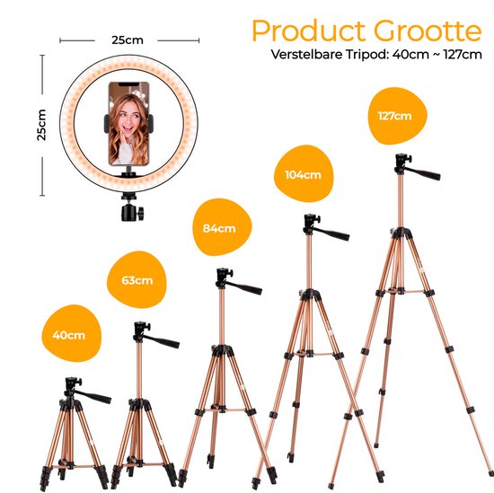 Studio ME Ringlamp met Statief - 10 inch / 26 cm - Ring Light - Rosegoud - Tiktok Lamp - Ringlight met Statief - 30 Lichtstanden - Ring Lamp - Incl. Afstandsbediening & Mini Tripod - Ringlampen