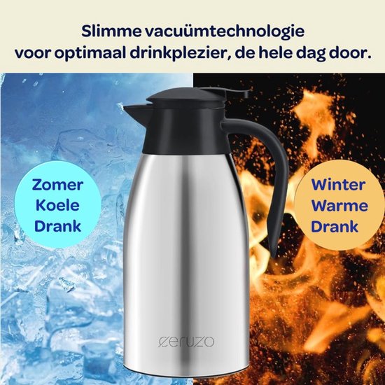 Ceruzo Thermoskan RVS – 1.8 Liter – Dubbelwandig – Lekvrij – Warme en Koude Dranken – 28x13 cm