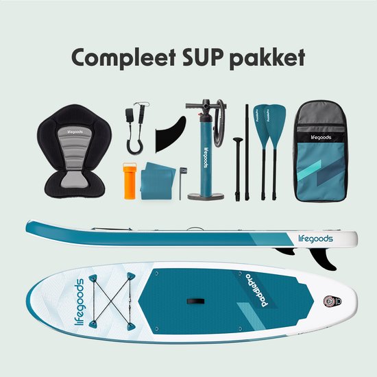 LifeGoods SUP Board Allround Compact - Met Zitje - 120 KG Draagkracht - 300 x 76 cm - Opblaasbaar - Compleet SUP pakket - Deep Aqua