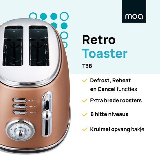 MOA Retro Broodrooster - 6 Warmteniveaus - 2 Extra Brede Sleuven - 850W - Reheat en Ontdooi-functie - Zwart - T3C