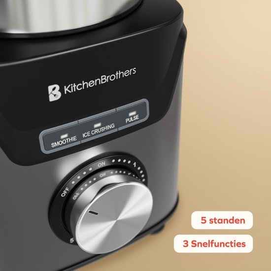 KitchenBrothers Blender Met Drinkfles - 1200W - BPA-vrij - 1.5L - Smoothie Maker - IJscrusher - Grijs