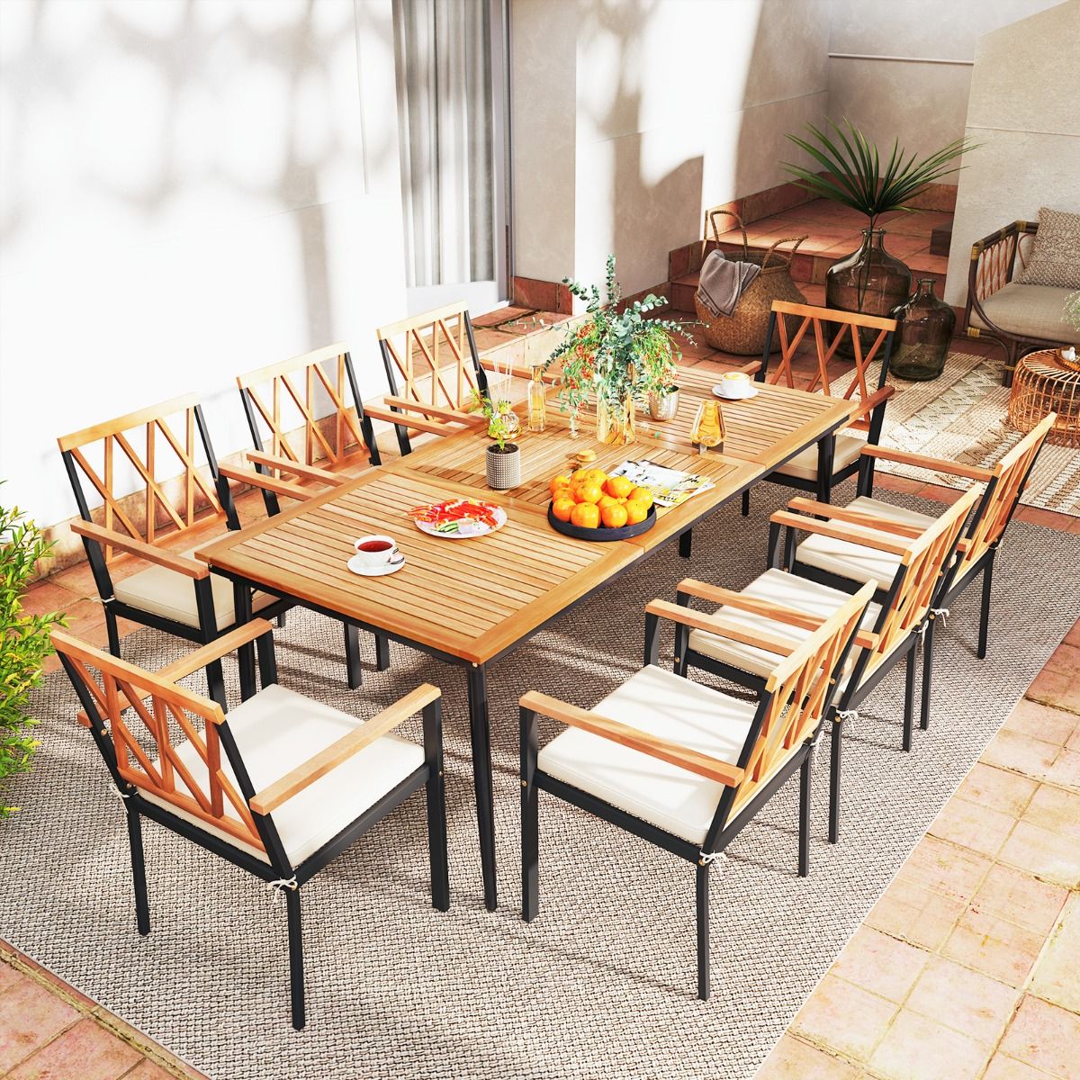 Coast tuintafel voor 8 personen - acaciahout met metalen poten - parasolgat 5 cm - naturel en zwart - 200 x 90 cm