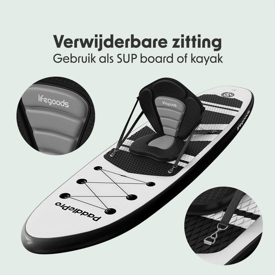 LifeGoods PaddlePro SUP Board - met Zitje - Opblaasbaar Paddle Board - Complete Set - Max. 150KG - 320x81cm - Wit/Zwart