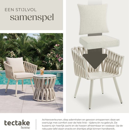 tectake® Tuinset Lugano - Tuinstoel - Loungestoel met Bijzettafel - Buitenstoel in Rope-Design met Aluminium Frame - Buiten Fauteuil met Dikke Kussens - Loungeset voor Tuin of Balkon - Terrasstoel - UV- en Weerbestendig - Beige