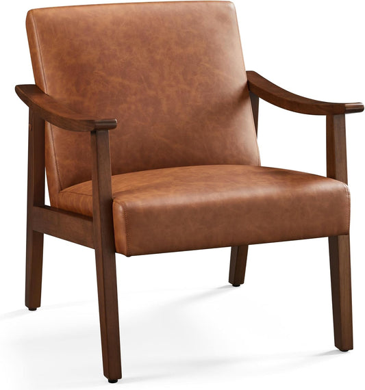 Yaheetech Retro loungestoel 62 × 70 × 74 cm – lichtbruin, rubberhouten armleuningen, draagvermogen 136 kg