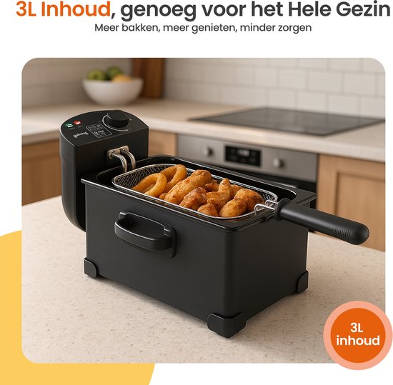 Goliving Frituurpan 3L - Friteuse - Glazen Kijkvenster - Tot 190°C - 2000W - RVS - Zwart