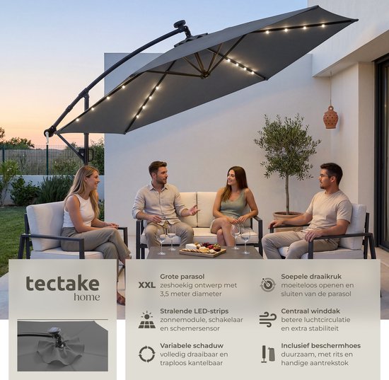 tectake® Zweefparasol met Voet - 3,5 x 3,5 m - Tuinparasol met LED-Verlichting op Zonne-Energie - Draaibaar - Waterafstotend Polyester met UV-Bescherming - Inclusief Hoes - Grijs