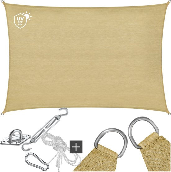 tectake® Rechthoekig Schaduwdoek Sunny - 5 x 7 m - Extra Stevig 185 g/m² HDPE Zonwering Doek - 50+ UV Bescherming - Weerbestendig en Scheurbestendig - Zonnescherm voor Tuin, Balkon, Terras - Zonnedoek inclusief Montagemateriaal - Zandkleur