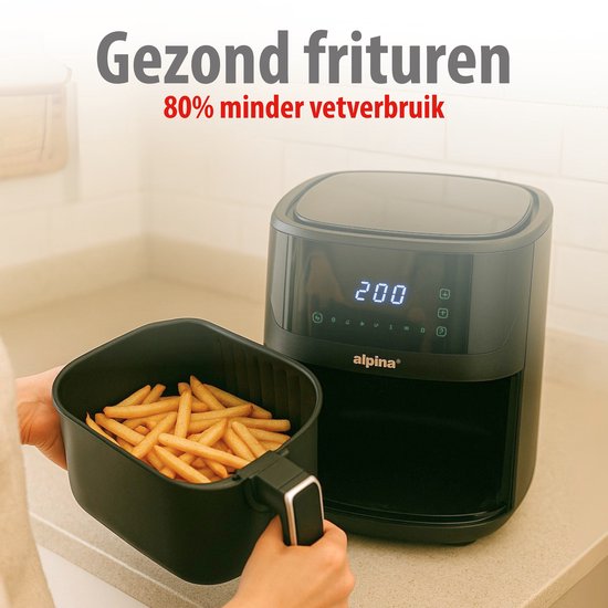alpina Airfryer XL - Heteluchtfriteuse 6L - Air Fryer 2 tot 5 Personen - Heteluchtoven met Digitaal Touchscreen - Instelbare Temperatuur 80 tot 200 Graden - Timer Functie - 8 Kookprogramma's