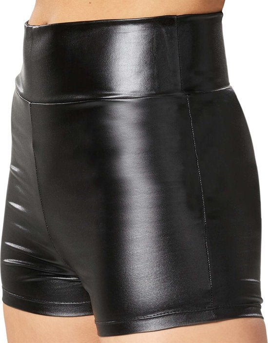 Dressforfun Metallic hotpants zwart L - verkleedkleding kostuum halloween verkleden feestkleding carnavalskleding carnaval feestkledij partykleding - 303579