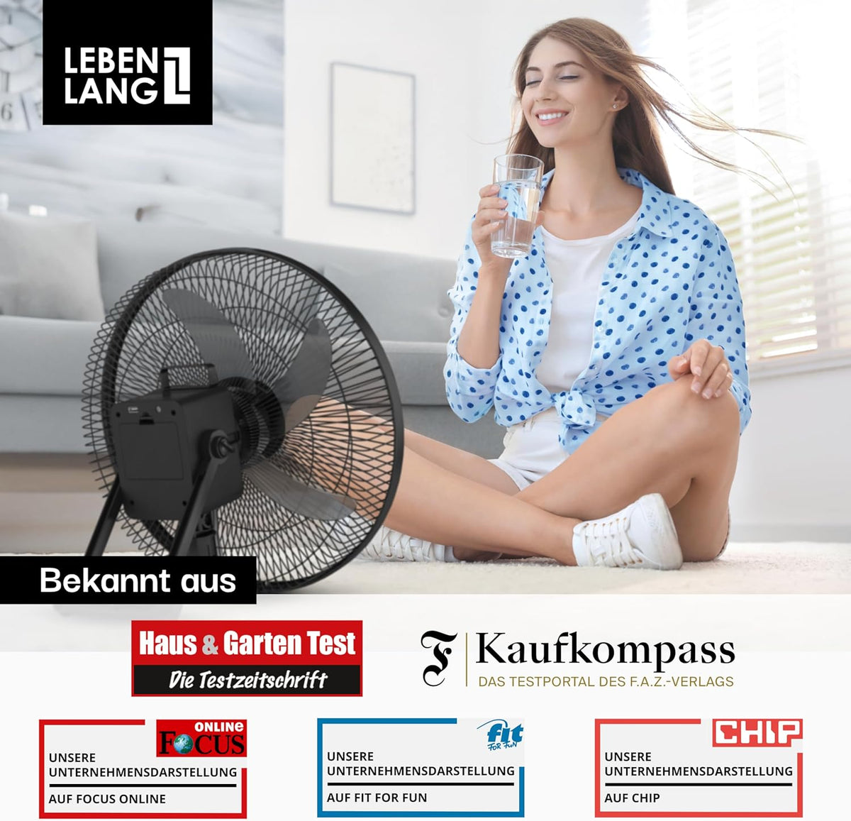 LEBENLANG Accuventilator 35W – 3600 mAh – tot 45 uur gebruiksduur – Ø 30 cm – Hoogte 80–115 cm – Zwart – Draagbare 5-in-1 Ventilator met Afstandsbediening