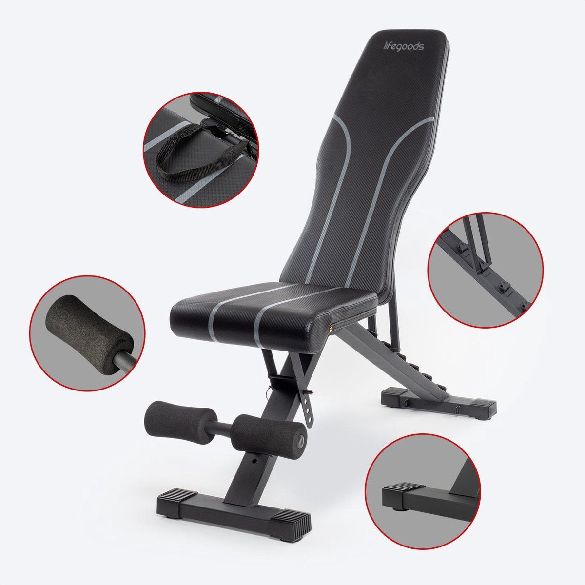 LifeGoods Fitness Halterbank - Fitnessbank - Bench Press - Trainingsbank - Verstelbaar - Inklapbaar - Zwart/Grijs