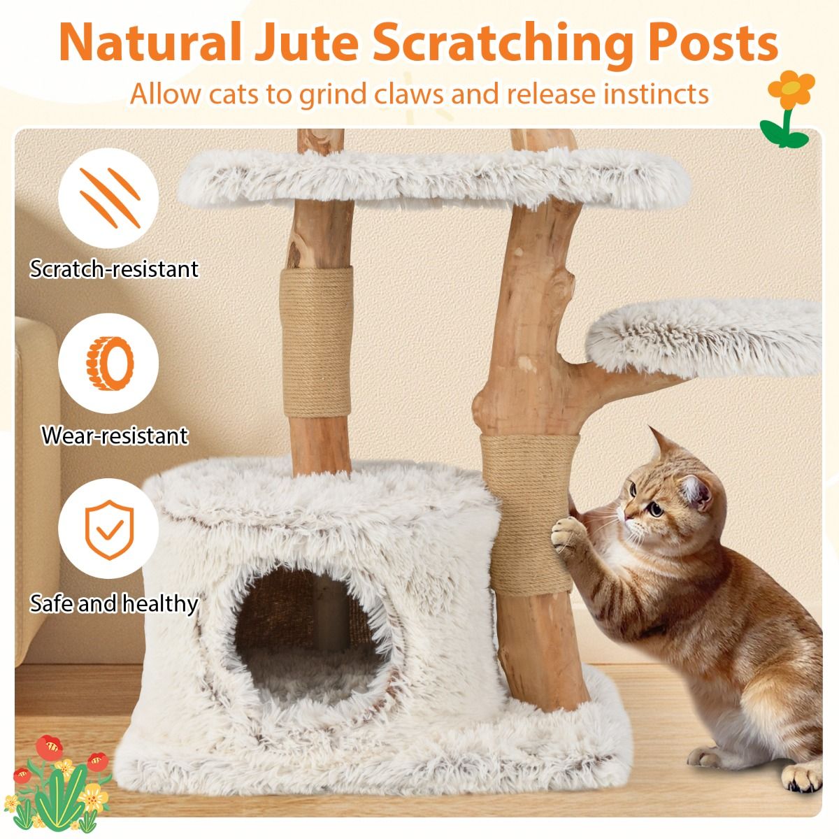 Coast Kattenboom 135 cm Massief Perenhout - Jute Krabpalen - Pluchen Zitstok - Wit/Naturel