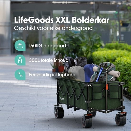 LifeGoods Bolderkar - XXL - Opvouwbaar - 300L - 150KG Draagkracht - Groen