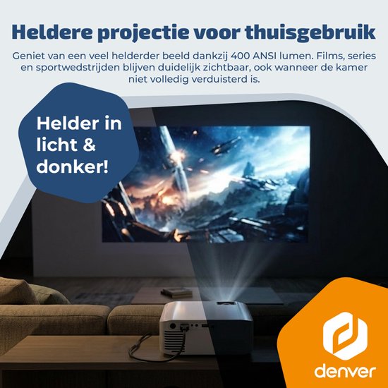 Denver Beamer - 4K 3840x2160P - 400 ANSI Lumen - Projector - Thuisbioscoop - HDMI - USB-C - PR4300