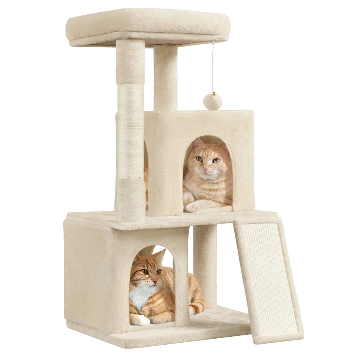 Yaheetech Krabpaal Met 2 Kattenhuisjes – Voorzien Van Sisal Krabpaal En Krabplank En Uitkijkplatform – Voor Kleine En Middelgrote Katten – Beige Pluche En Spaanplaat – 60 x 45 x 106 cm