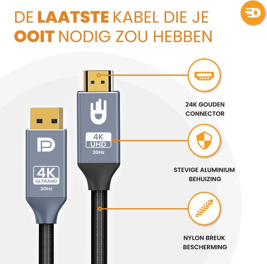Drivv. Premium Displayport naar HDMI Kabel - 4K 30hz - Nylon - 2 meter - Grijs