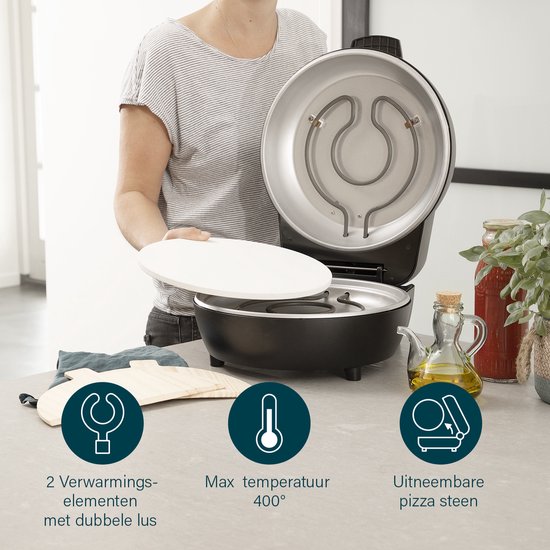 Princess 115005 Pizzaoven - Pizzamaker en oven - Regelbare thermostaat en timer - 1200W - Keramische pizzasteen - 410 graden - diameter 30cm - Zwart