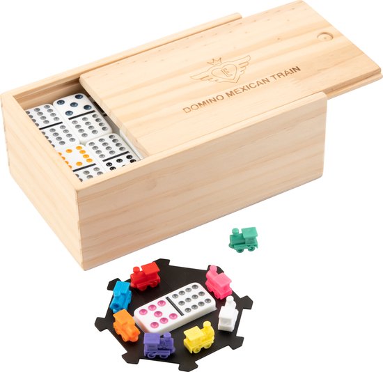 Domino Dubbel 12 Mexican Train – 91 Stenen met Gekleurde Ogen – Houten Kist met Schuifdeksel – Inclusief Station & Treinen – Strategisch Familiespel – Engelhart