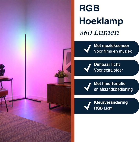 Grundig Hoeklamp - LED - RGB - Muzieksensor - 140 cm - Meerkleurig