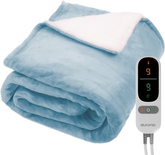 Auronic Elektrische Deken - 200x180cm - Warmtedeken - 2 Persoons - Sherpa Fleece - 9 Hitte en Timerstanden - Bovendeken - Verwarmingsdeken - Lichtblauw