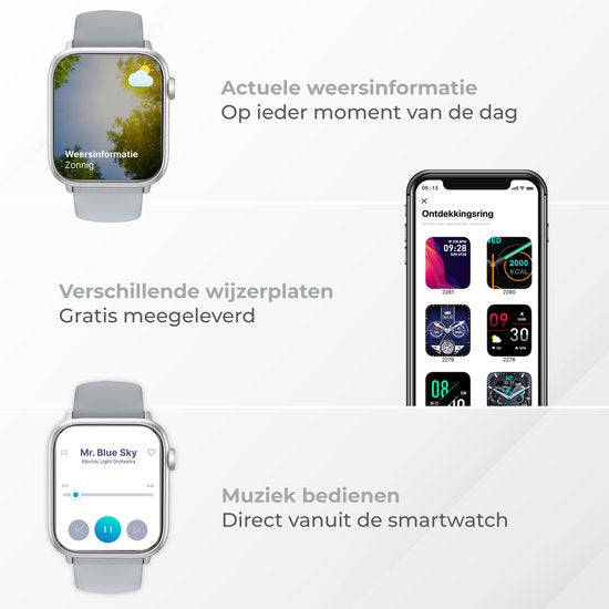 Nuvance - Smartwatch Heren & Dames met Bluetooth - 45mm - Geschikt voor alle Smartphones - Stappenteller en Hartslagmeter - Waterdicht - Grijs