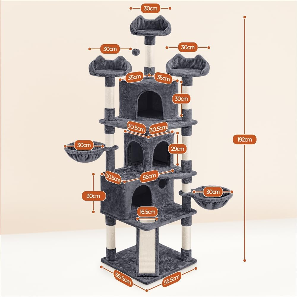 Yaheetech krabpaal voor katten - 3 kattenhuisjes - 194 cm hoog - donkergrijs