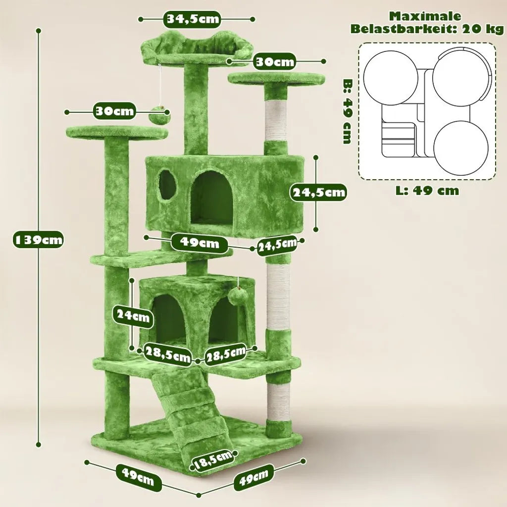 Yaheetech Krabpaal met 3 Ligplatforms en 2 Slaapgrotten - Groen - 49 x 49 x 139 cm