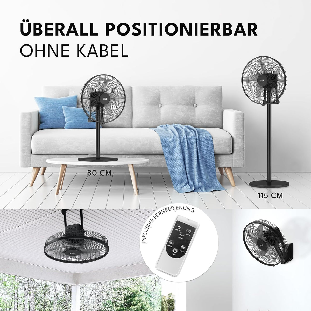 LEBENLANG Accuventilator 35W – 3600 mAh – tot 45 uur gebruiksduur – Ø 30 cm – Hoogte 80–115 cm – Zwart – Draagbare 5-in-1 Ventilator met Afstandsbediening