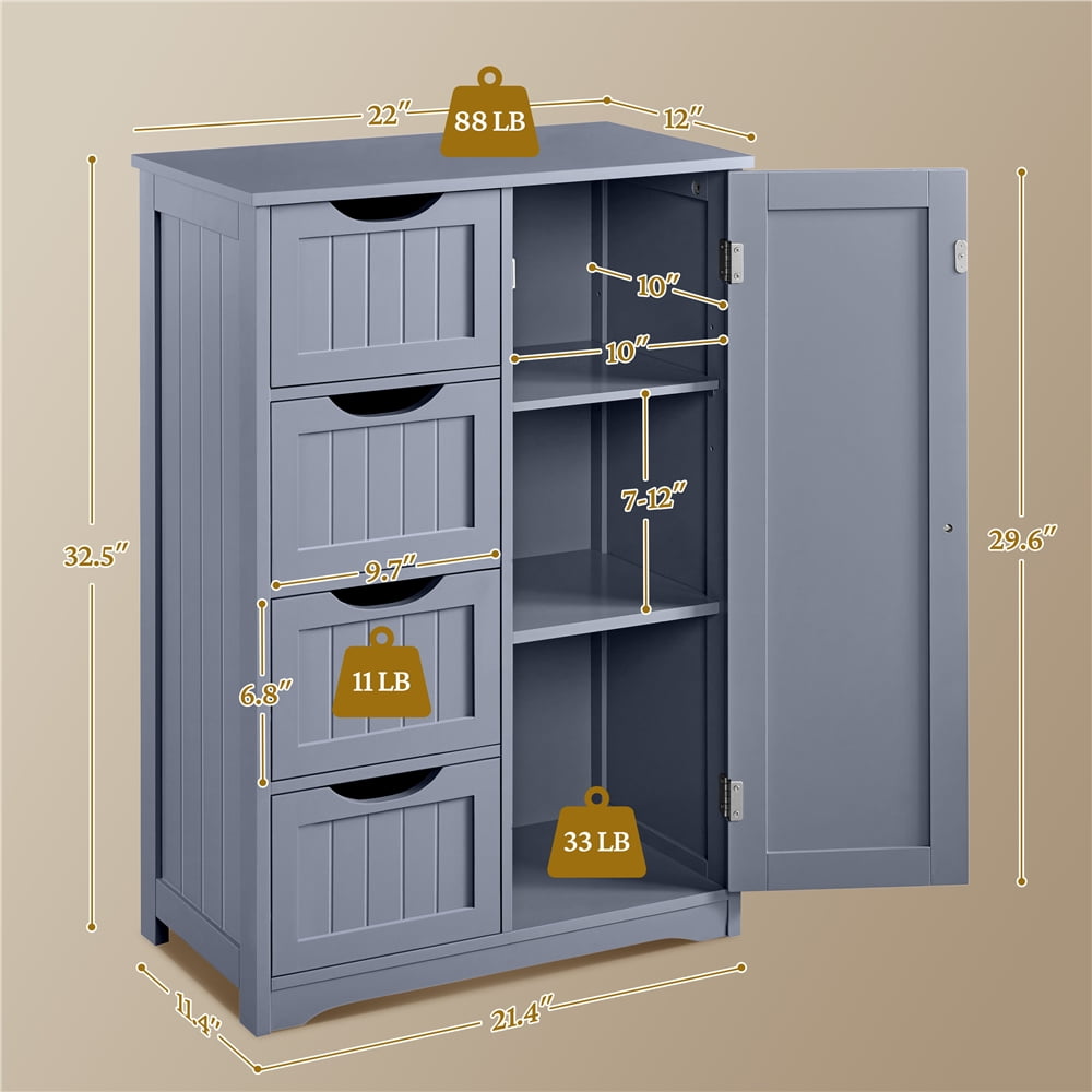 Yaheetech Badkamerkast met 4 Lades - 55,9 x 30,5 x 82,6 cm - Grijs