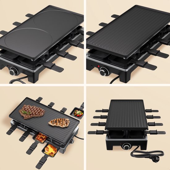 KitchenBrothers Gourmetstel - 1500W - Gourmetplaat 8 Personen - Set met Pannetjes en Spatels - 46,5 x 23 cm - Zwart