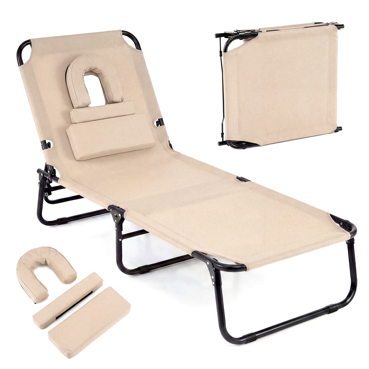 Coast Opvouwbare zonneligstoel - 4-voudig verstelbare rugleuning - gezichtsopening en 3 kussens - Beige