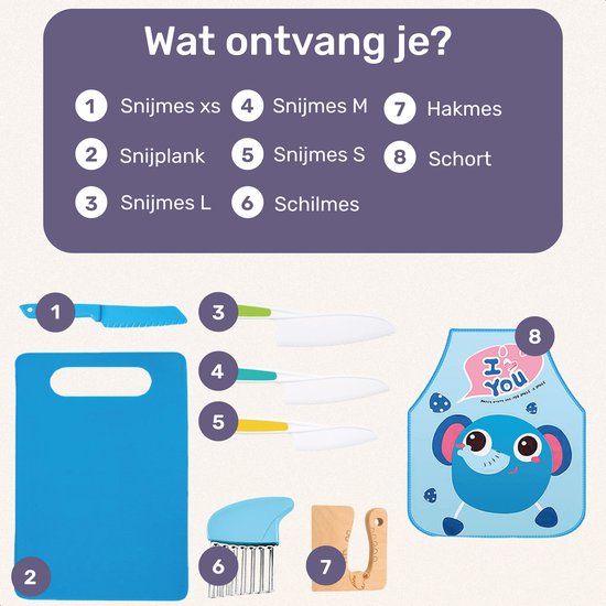 Qwali Blue Kindermessen Set - Veilig - Inc. snijplank - Kinder - bestek - Messen Kind - Keuken - Speelgoed